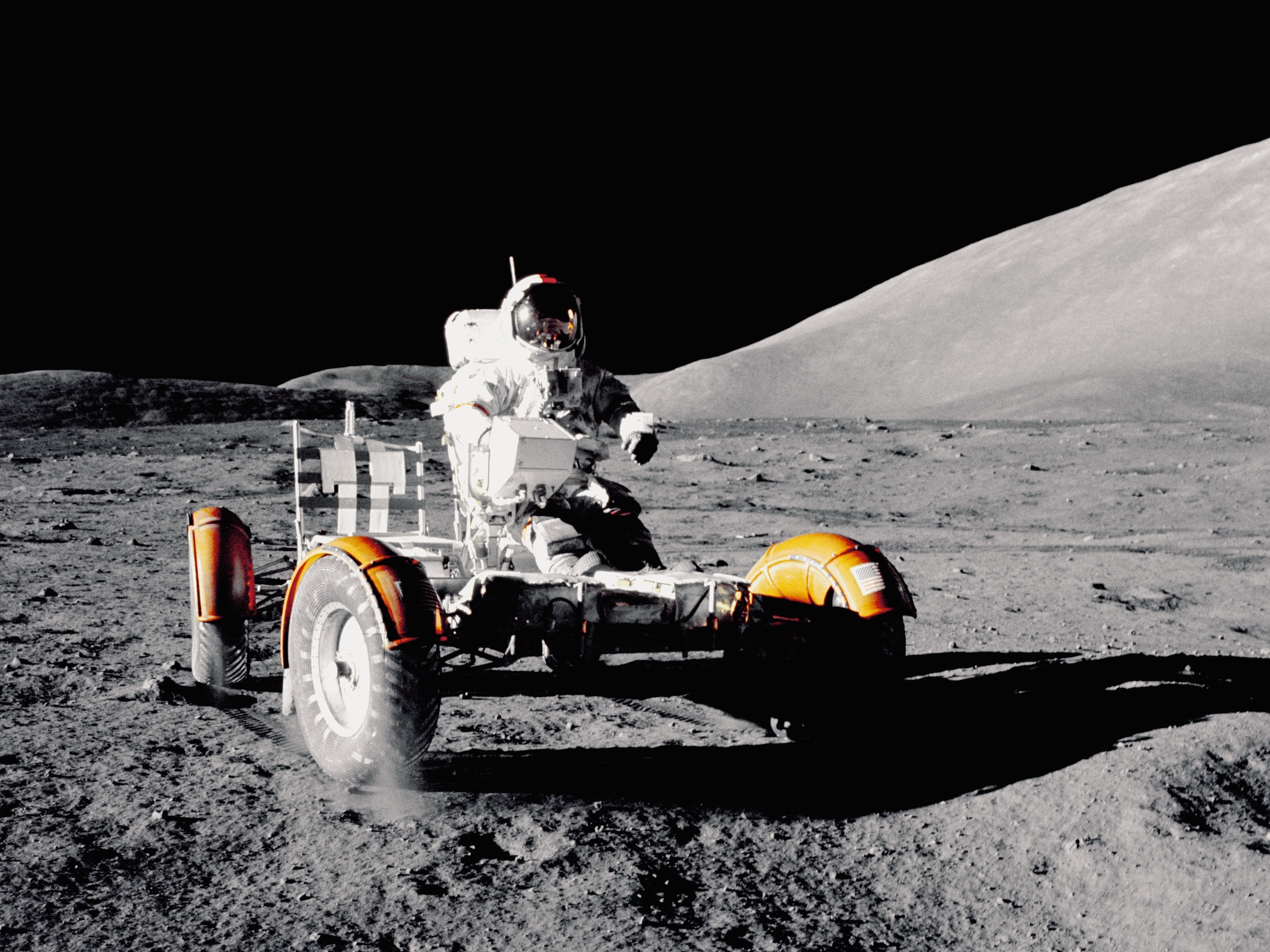 Astronaut Gene Cernan on a lunar rover in 1972