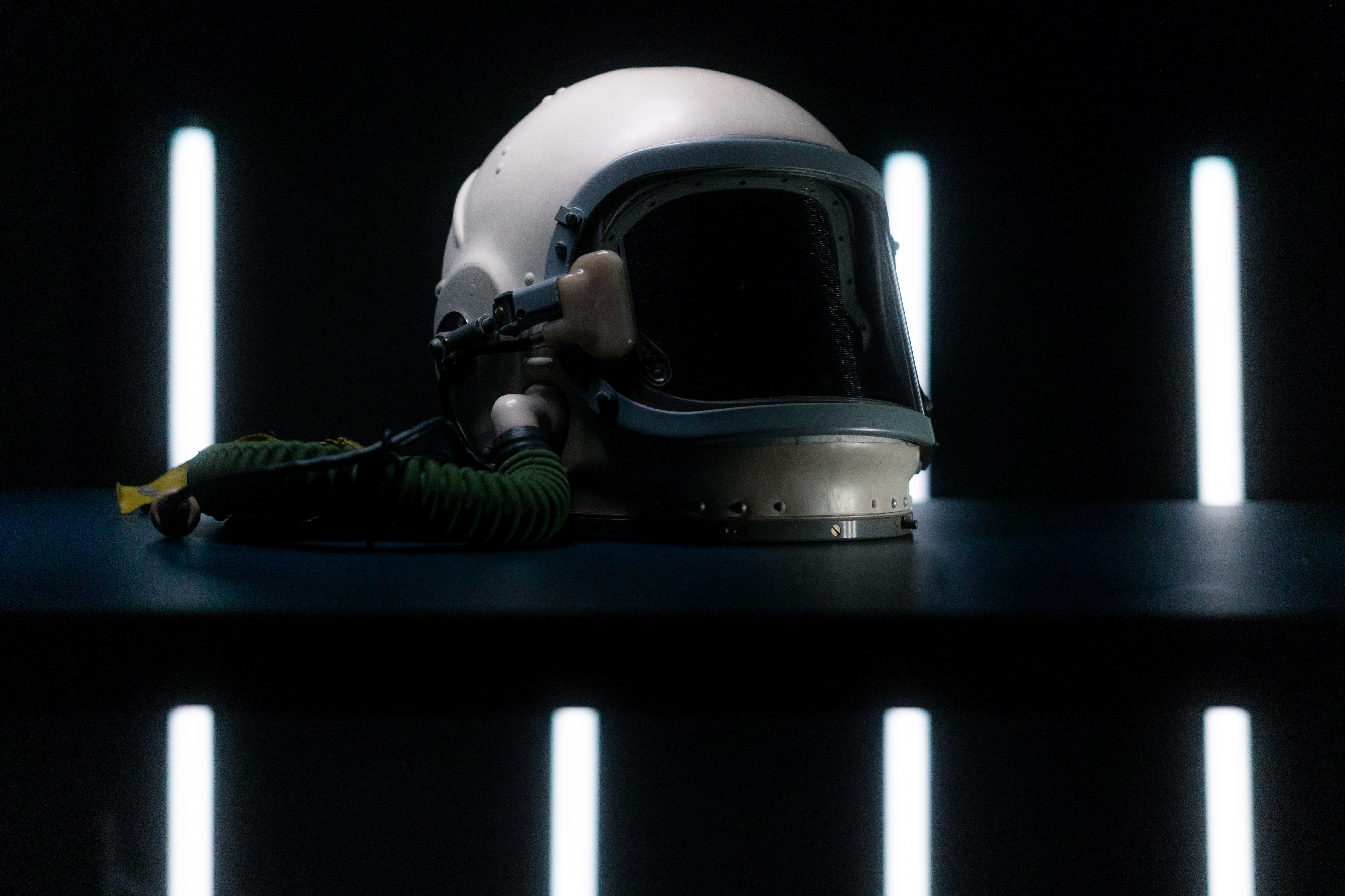 Helmet with white lights in background